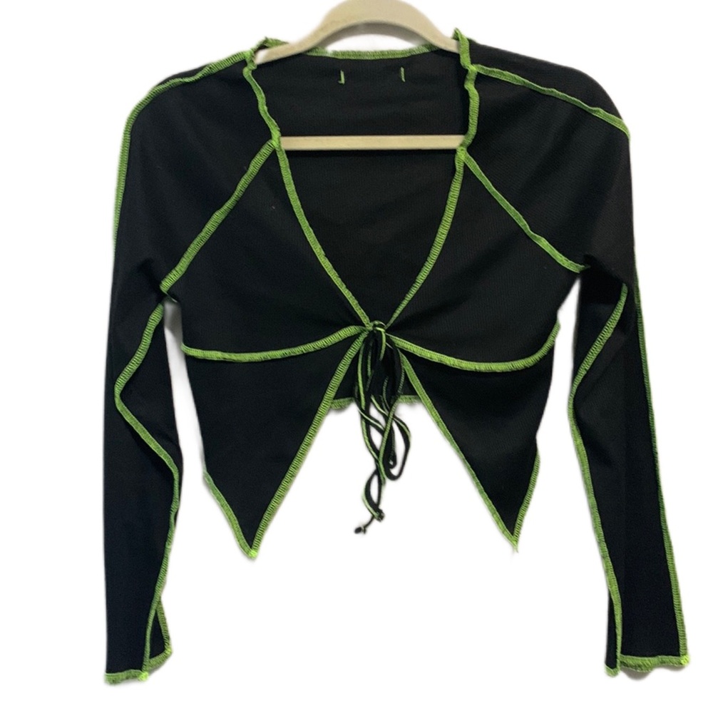 Shein Black Green Trim Cropped Tie Front Long Sleeve Top